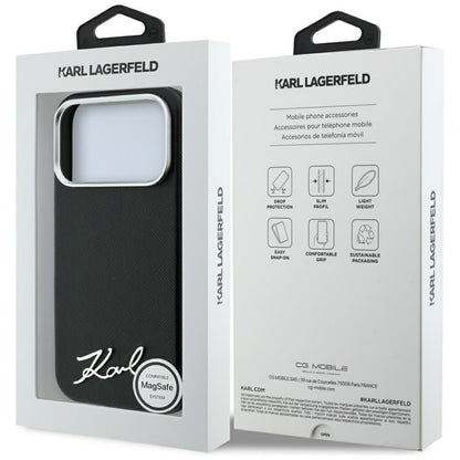 Custodia MagSafe per Apple iPhone 18 Pro Max / 17 Pro Max, Karl Lagerfeld, Saffiano Small Script Metal Logo, Nera