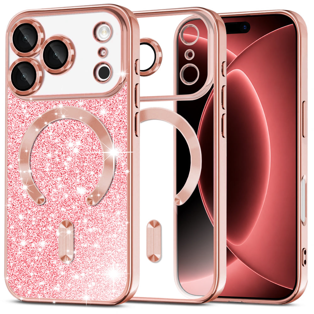 Custodia MagSafe per Apple iPhone 18 Pro Max / 17 Pro Max, Techsuit, Luxury Glitter, Rosa Dorato