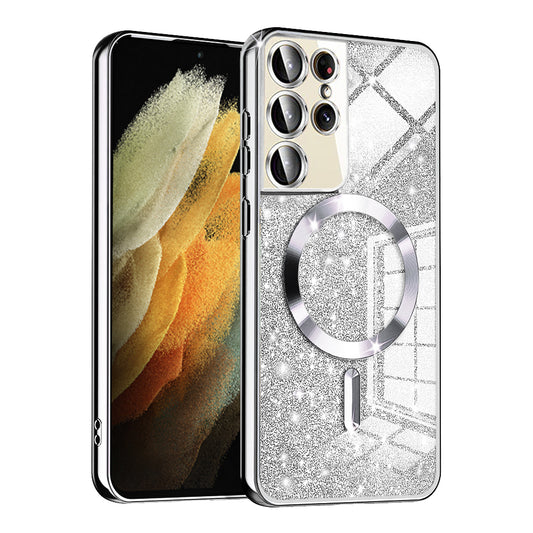 Custodia MagSafe per Samsung Galaxy S21 Ultra 5G G998, Techsuit, Luxury Glitter, Argento