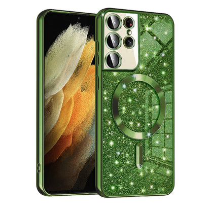 Custodia MagSafe per Samsung Galaxy S21 Ultra 5G G998, Techsuit, Luxury Glitter, Verde Scuro