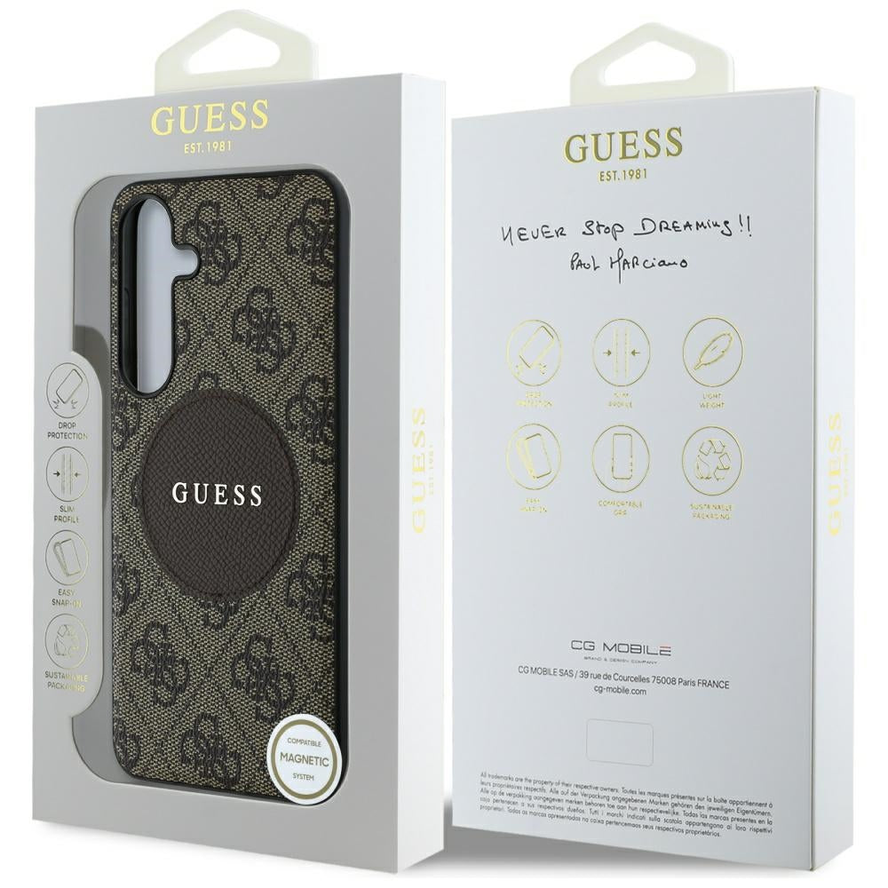 Custodia MagSafe per Samsung Galaxy S25+ S936, Guess, 4G Circle Classic Logo, Marrone