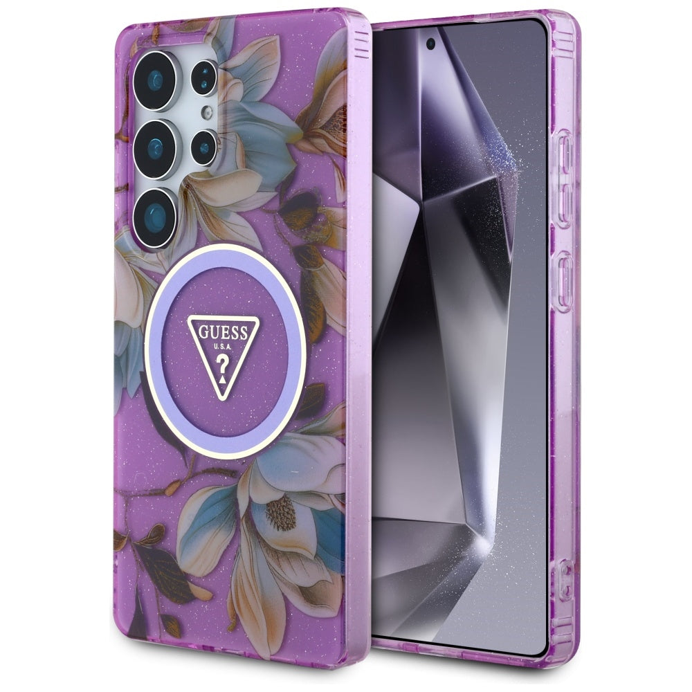 Custodia MagSafe per Samsung Galaxy S25 Ultra S938, Guess, IML Metal Glitter Flowers Triangle, Viola