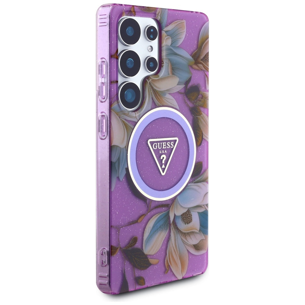 Custodia MagSafe per Samsung Galaxy S25 Ultra S938, Guess, IML Metal Glitter Flowers Triangle, Viola