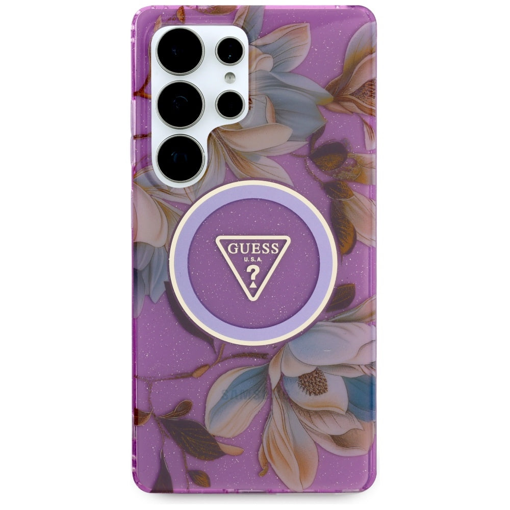 Custodia MagSafe per Samsung Galaxy S25 Ultra S938, Guess, IML Metal Glitter Flowers Triangle, Viola