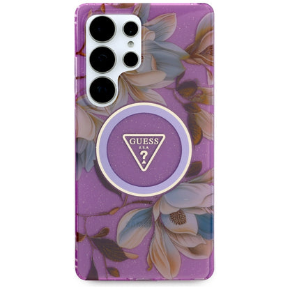 Custodia MagSafe per Samsung Galaxy S25 Ultra S938, Guess, IML Metal Glitter Flowers Triangle, Viola
