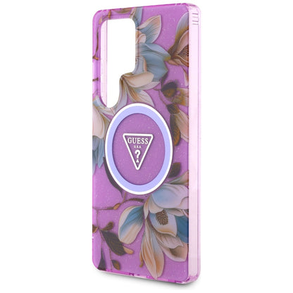 Custodia MagSafe per Samsung Galaxy S25 Ultra S938, Guess, IML Metal Glitter Flowers Triangle, Viola
