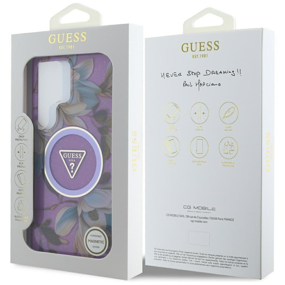 Custodia MagSafe per Samsung Galaxy S25 Ultra S938, Guess, IML Metal Glitter Flowers Triangle, Viola