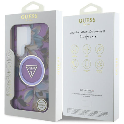Custodia MagSafe per Samsung Galaxy S25 Ultra S938, Guess, IML Metal Glitter Flowers Triangle, Viola