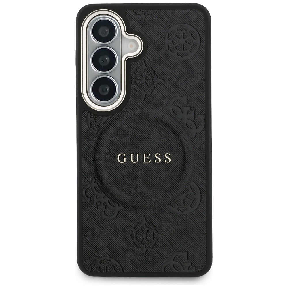 Custodia MagSafe per Samsung Galaxy S26 Plus S947, GUESS, Saffiano Peony Embossed Ring, Nera