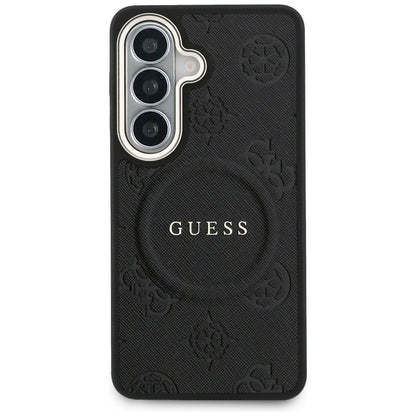 Custodia MagSafe per Samsung Galaxy S26 Plus S947, GUESS, Saffiano Peony Embossed Ring, Nera