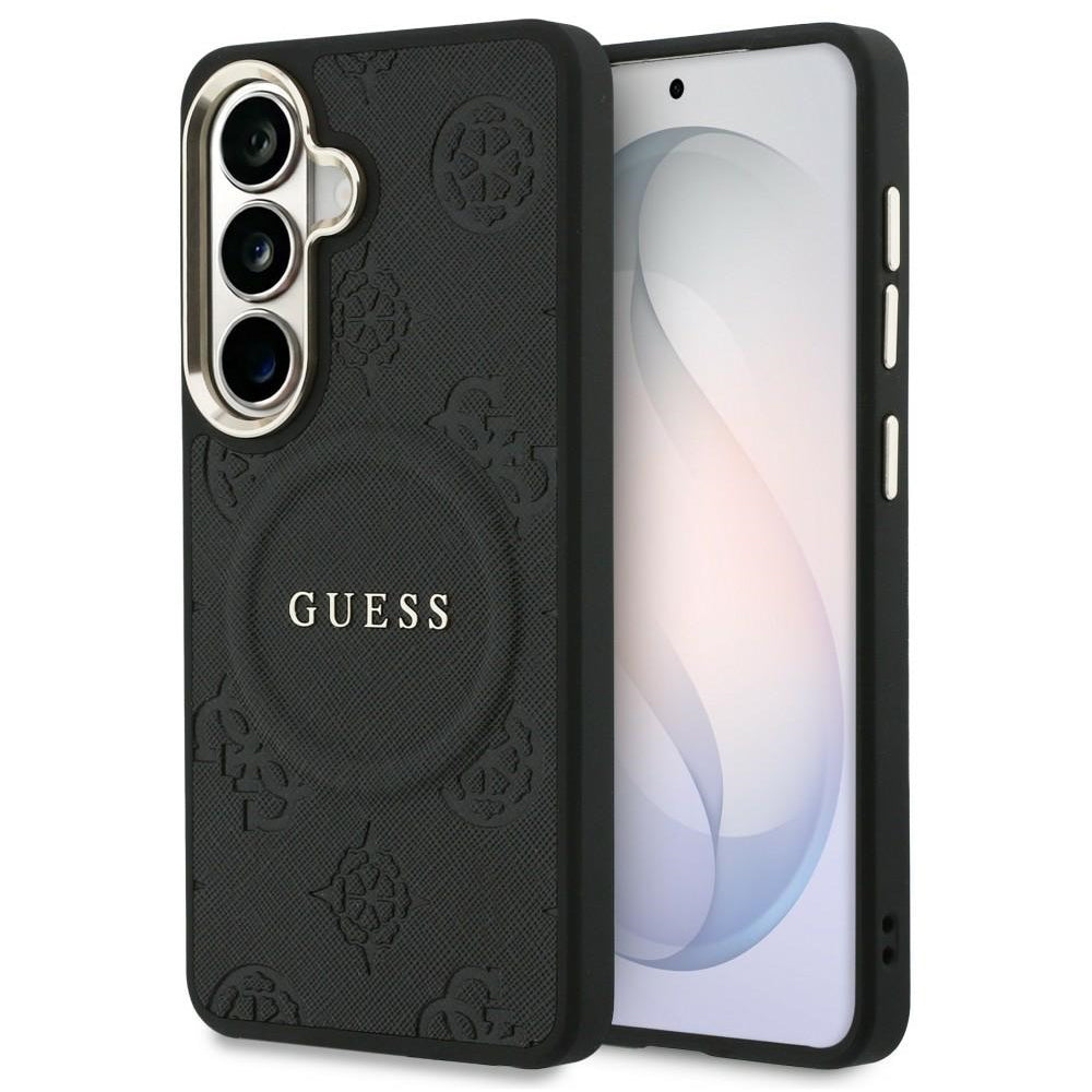 Custodia MagSafe per Samsung Galaxy S26 S942, Guess, Saffiano Peony Embossed Ring, Nera