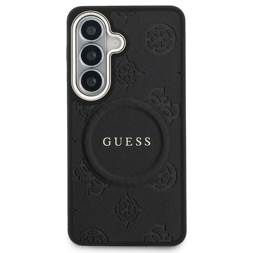 Custodia MagSafe per Samsung Galaxy S26 S942, Guess, Saffiano Peony Embossed Ring, Nera