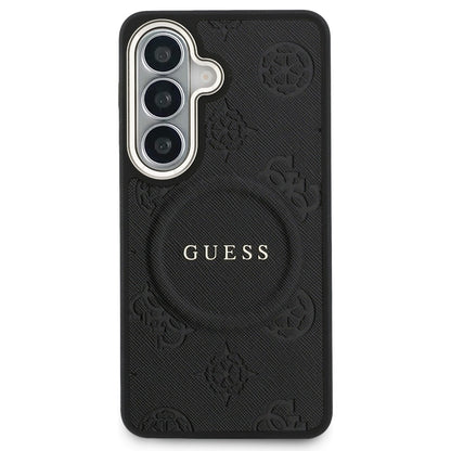 Custodia MagSafe per Samsung Galaxy S26 S942, Guess, Saffiano Peony Embossed Ring, Nera