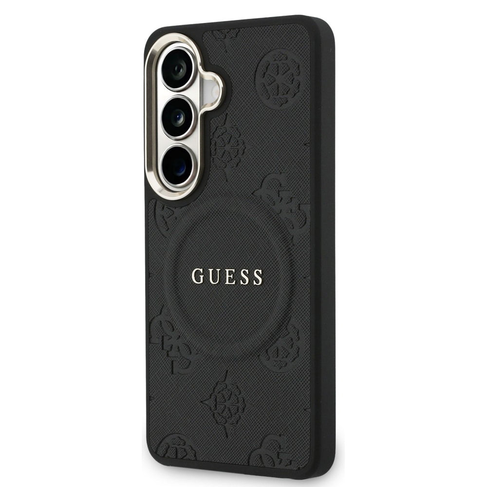 Custodia MagSafe per Samsung Galaxy S26 S942, Guess, Saffiano Peony Embossed Ring, Nera