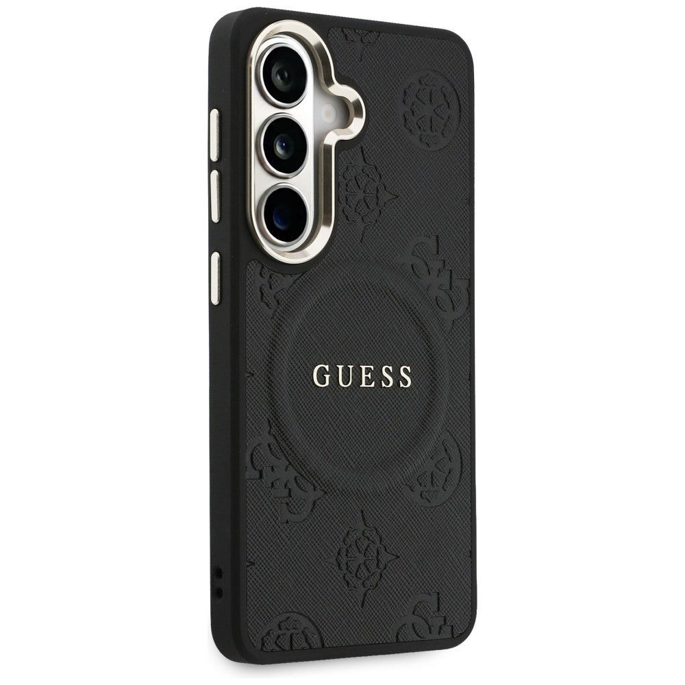 Custodia MagSafe per Samsung Galaxy S26 S942, Guess, Saffiano Peony Embossed Ring, Nera