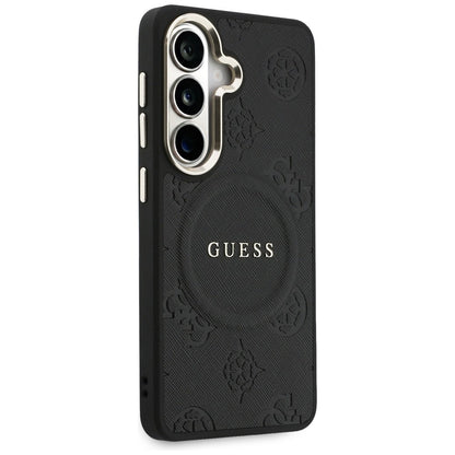 Custodia MagSafe per Samsung Galaxy S26 S942, Guess, Saffiano Peony Embossed Ring, Nera