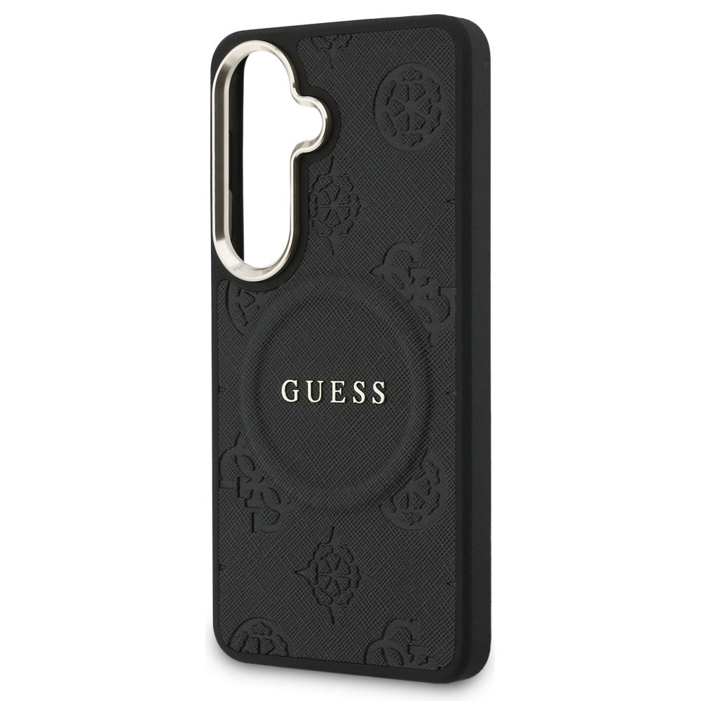 Custodia MagSafe per Samsung Galaxy S26 S942, Guess, Saffiano Peony Embossed Ring, Nera