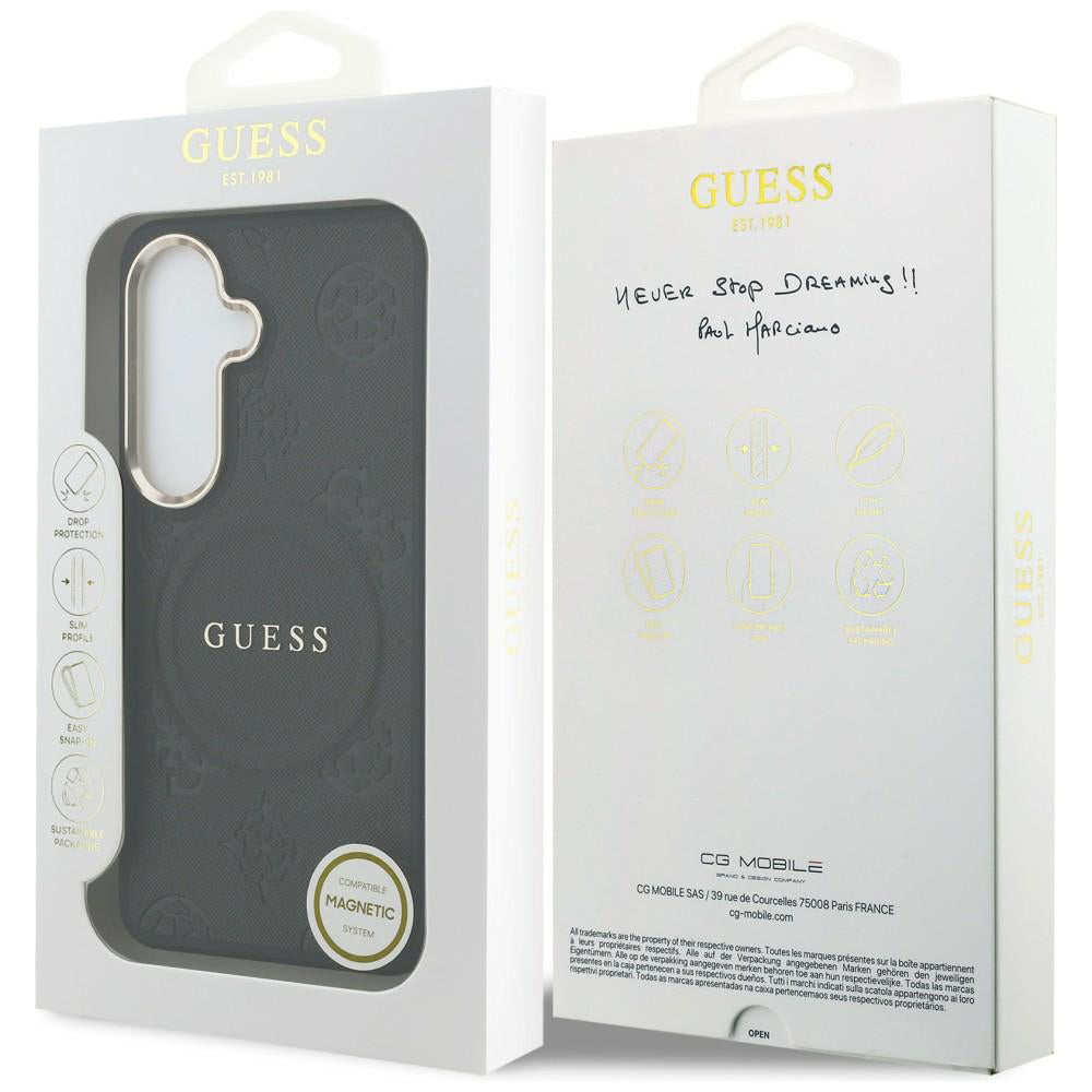 Custodia MagSafe per Samsung Galaxy S26 S942, Guess, Saffiano Peony Embossed Ring, Nera