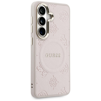 Custodia MagSafe per Samsung Galaxy S26 S942, Guess, Saffiano Peony Embossed Ring, Rosa