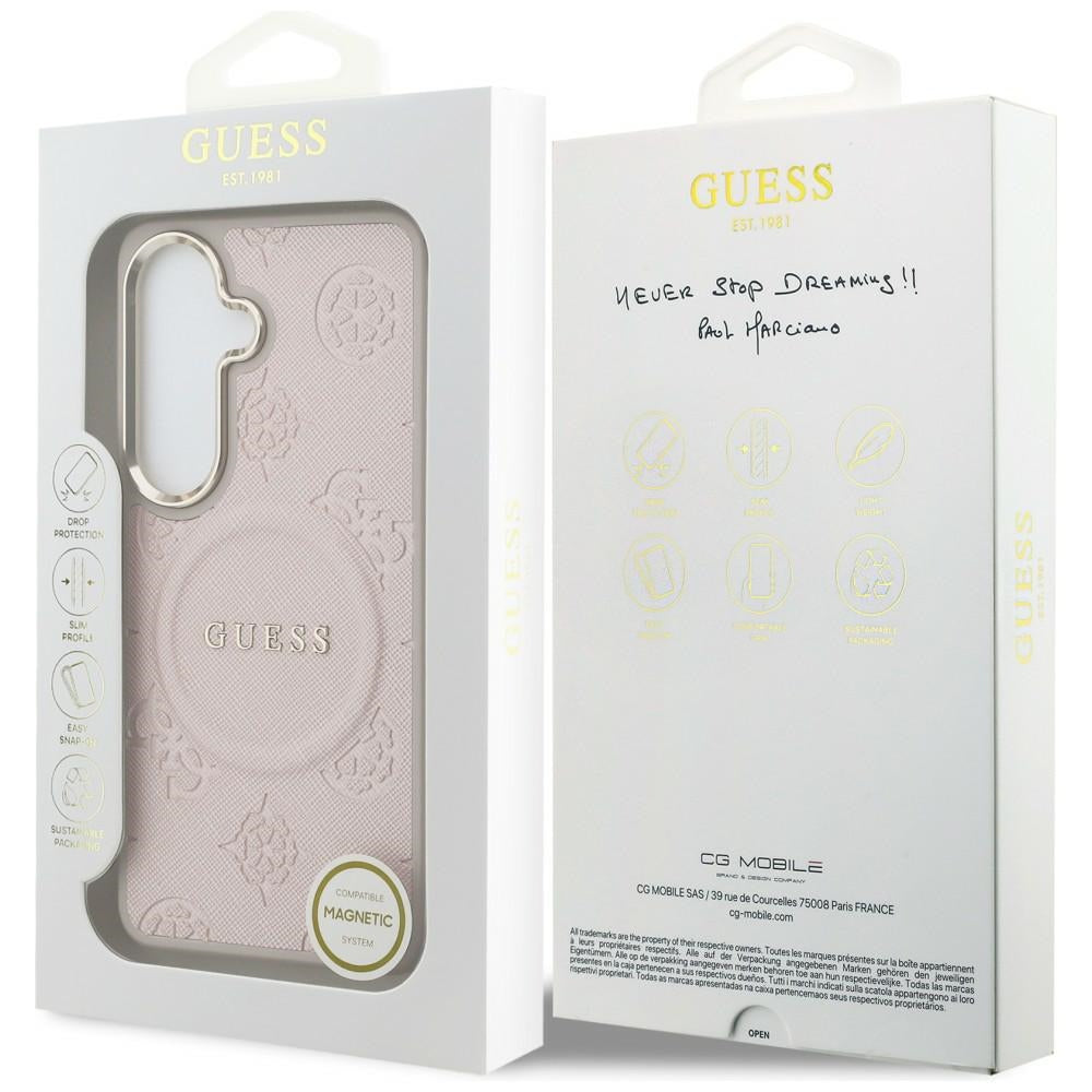 Custodia MagSafe per Samsung Galaxy S26 S942, Guess, Saffiano Peony Embossed Ring, Rosa