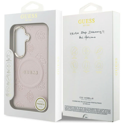 Custodia MagSafe per Samsung Galaxy S26 S942, Guess, Saffiano Peony Embossed Ring, Rosa