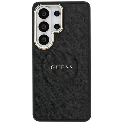 Custodia MagSafe per Samsung Galaxy S26 Ultra S948, GUESS, Saffiano Peony Embossed Ring, Nera