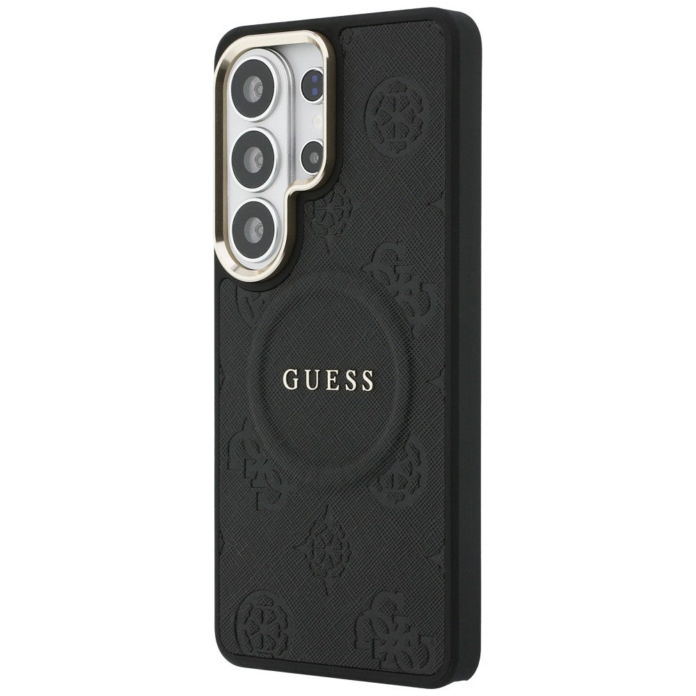 Custodia MagSafe per Samsung Galaxy S26 Ultra S948, GUESS, Saffiano Peony Embossed Ring, Nera