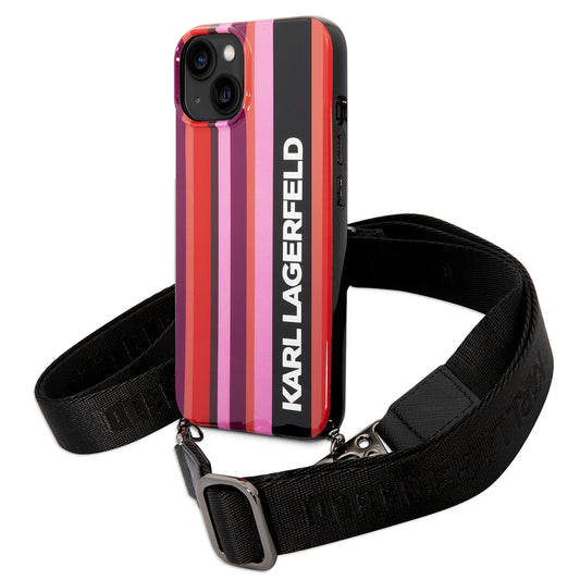 Custodia per Apple iPhone 14, Karl Lagerfeld, Color Stripes with Strap, Rosa