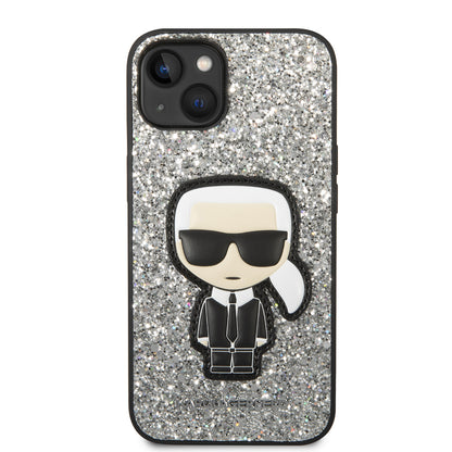 Case for Apple iPhone 14, Karl Lagerfeld, Glitter Flakes Ikonik Karl, Silver