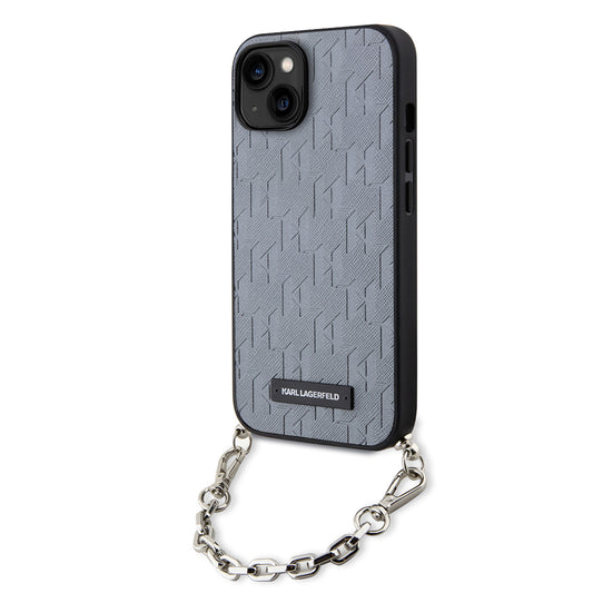 Custodia per Apple iPhone 14, Karl Lagerfeld, Saffiano Monogram Chain, Argento