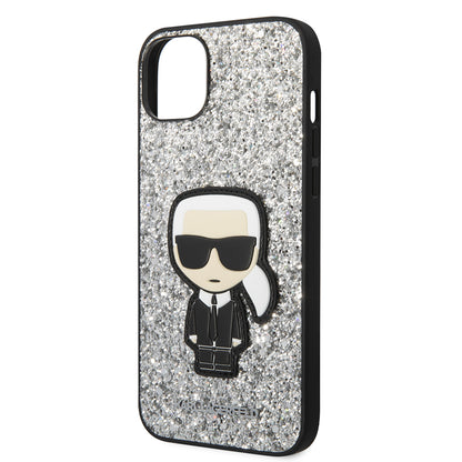 Custodia per Apple iPhone 14 Plus, Karl Lagerfeld, Glitter Flakes Ikonik Karl, Argento