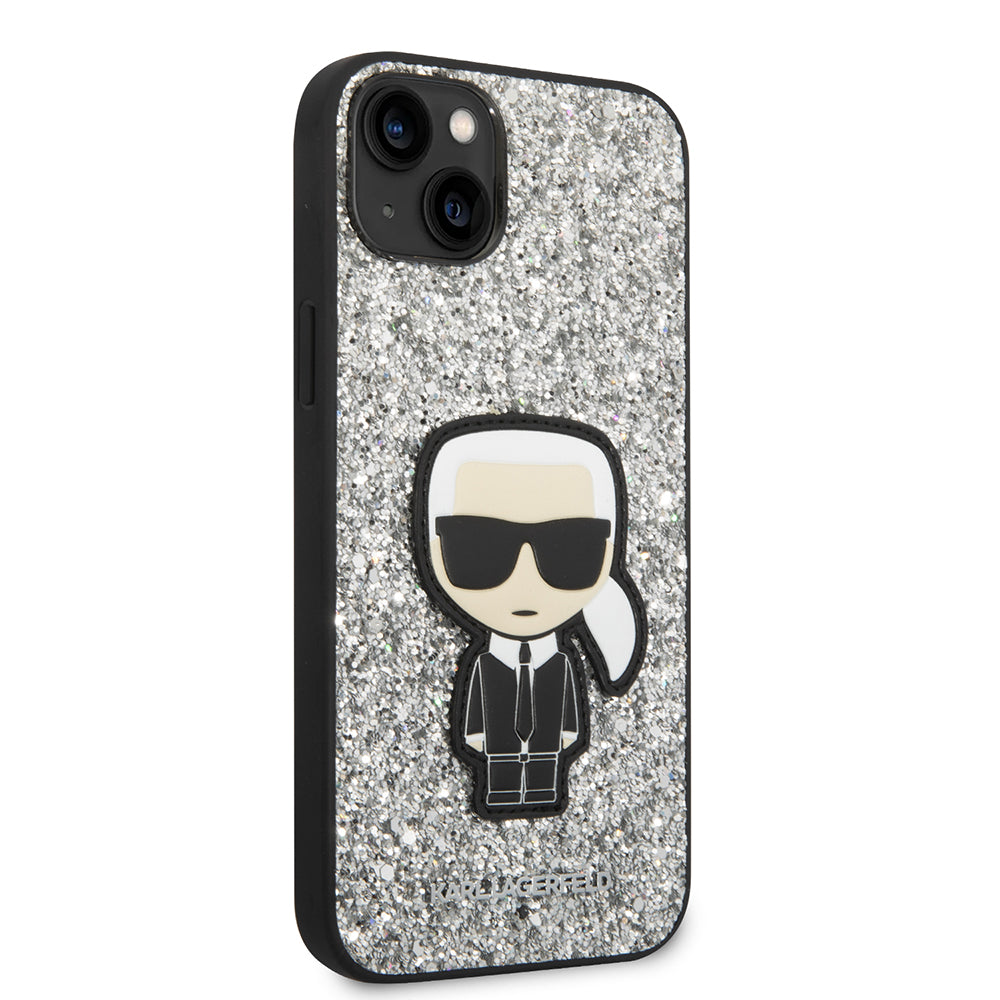 Custodia per Apple iPhone 14 Plus, Karl Lagerfeld, Glitter Flakes Ikonik Karl, Argento