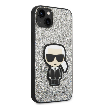 Custodia per Apple iPhone 14 Plus, Karl Lagerfeld, Glitter Flakes Ikonik Karl, Argento