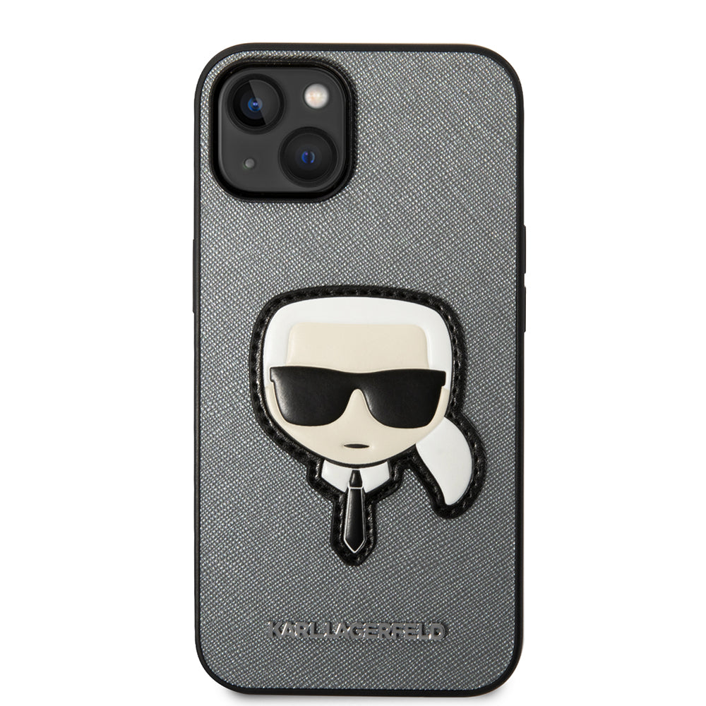 Custodia per Apple iPhone 14 Plus, Karl Lagerfeld, Saffiano Karl's Head, Argento