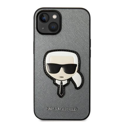Custodia per Apple iPhone 14 Plus, Karl Lagerfeld, Saffiano Karl's Head, Argento