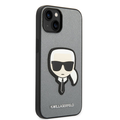 Custodia per Apple iPhone 14 Plus, Karl Lagerfeld, Saffiano Karl's Head, Argento