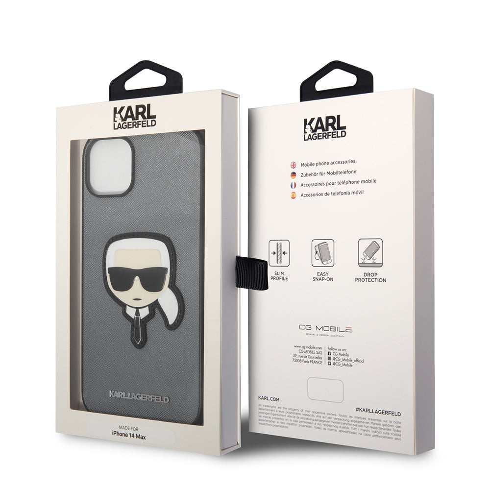 Custodia per Apple iPhone 14 Plus, Karl Lagerfeld, Saffiano Karl's Head, Argento