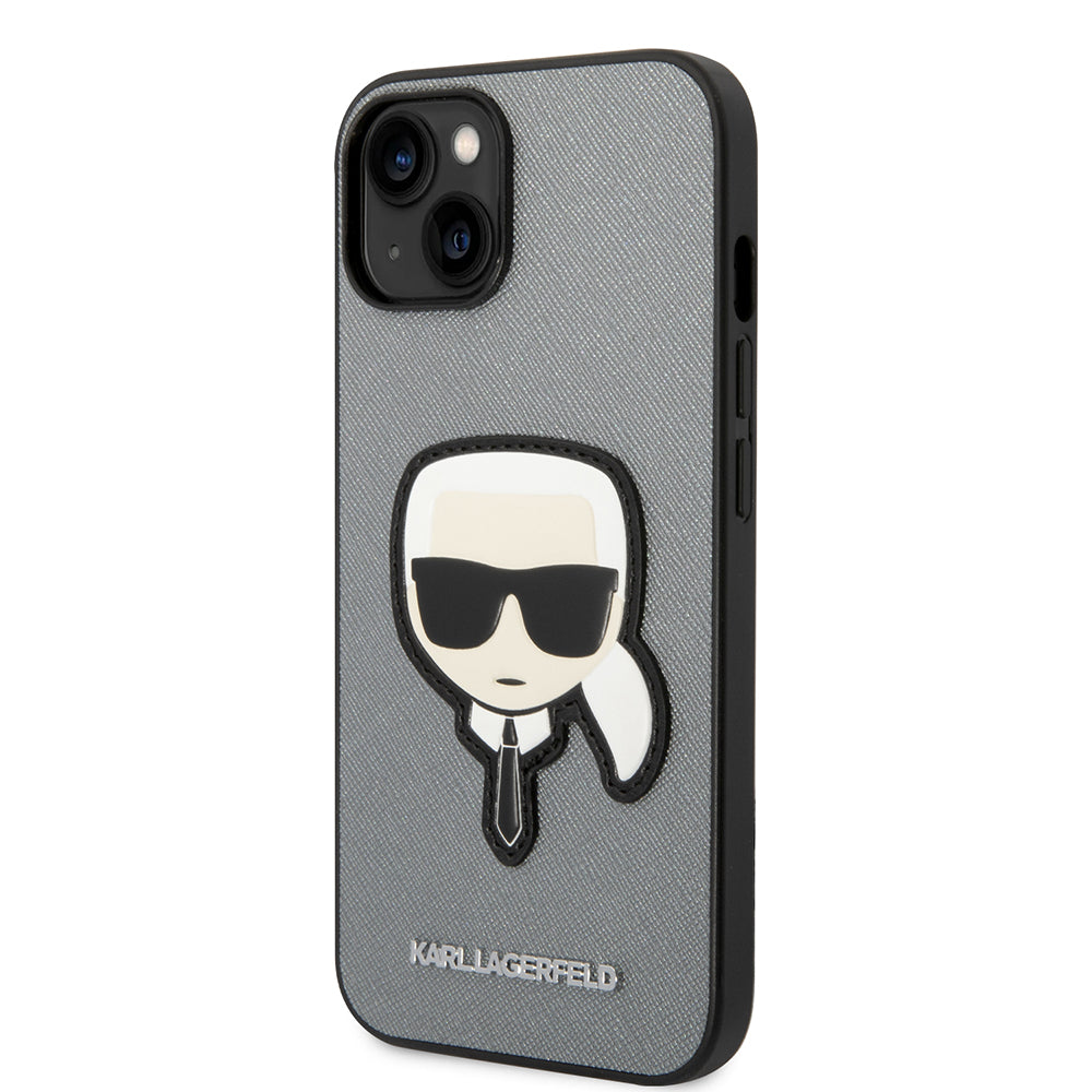 Custodia per Apple iPhone 14 Plus, Karl Lagerfeld, Saffiano Karl's Head, Argento