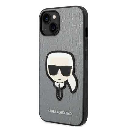 Custodia per Apple iPhone 14 Plus, Karl Lagerfeld, Saffiano Karl's Head, Argento