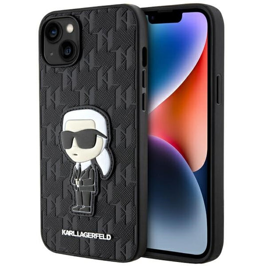 Custodia per Apple iPhone 14 Plus, Karl Lagerfeld, Saffiano Monogram Ikonik Karl, Nera