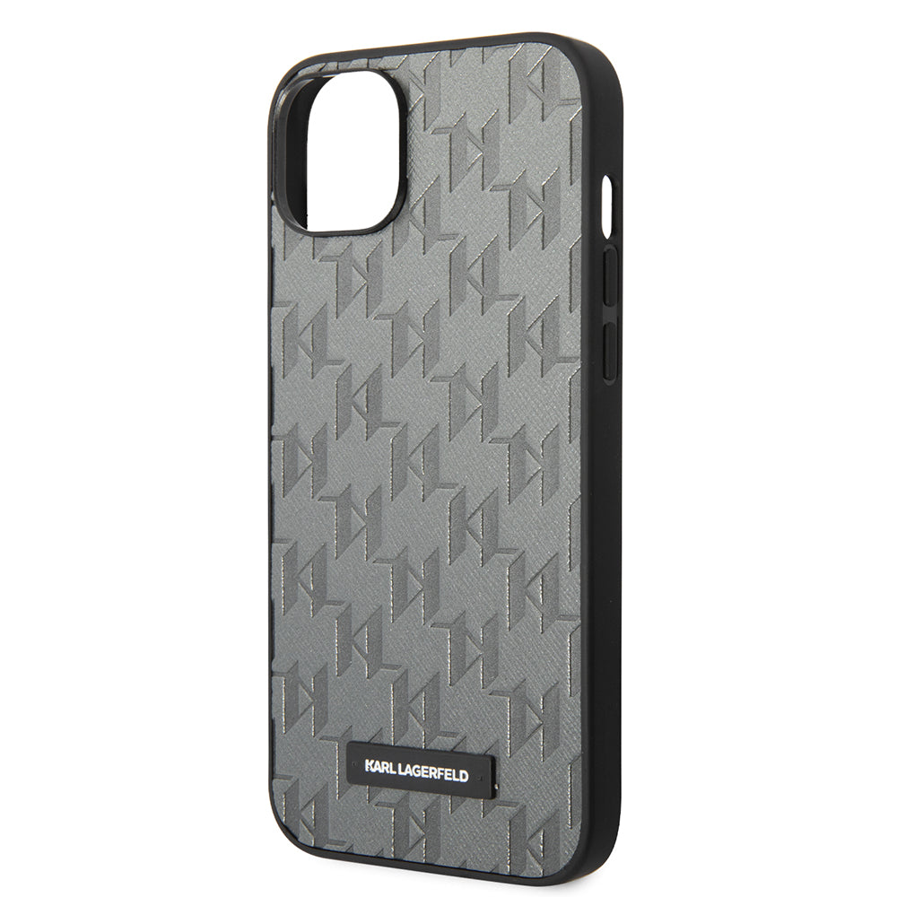 Custodia per Apple iPhone 14 Plus, Karl Lagerfeld, Saffiano Monogram Metal Logo, Grigio