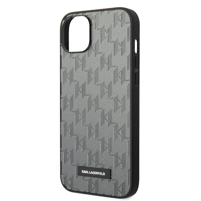 Custodia per Apple iPhone 14 Plus, Karl Lagerfeld, Saffiano Monogram Metal Logo, Grigio