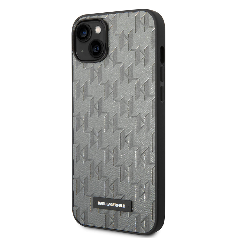 Custodia per Apple iPhone 14 Plus, Karl Lagerfeld, Saffiano Monogram Metal Logo, Grigio