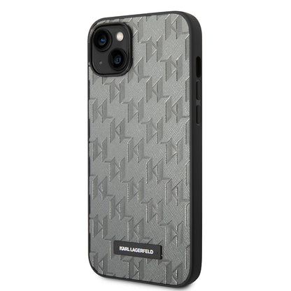 Custodia per Apple iPhone 14 Plus, Karl Lagerfeld, Saffiano Monogram Metal Logo, Grigio