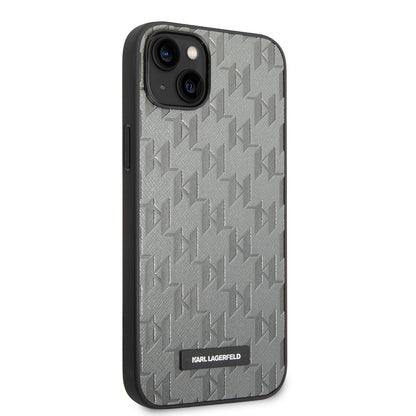 Custodia per Apple iPhone 14 Plus, Karl Lagerfeld, Saffiano Monogram Metal Logo, Grigio