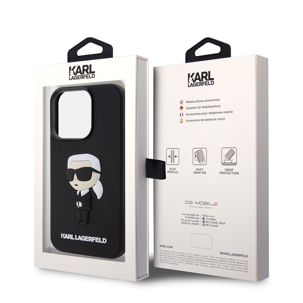 Custodia per Apple iPhone 14 Pro, Karl Lagerfeld, 3D Rubber Ikonik Karl, Nera