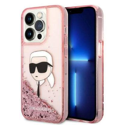 Custodia per Apple iPhone 14 Pro, Karl Lagerfeld, Glitter Karl's Head, Rosa