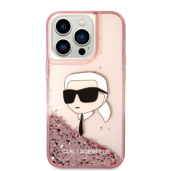 Custodia per Apple iPhone 14 Pro, Karl Lagerfeld, Glitter Karl's Head, Rosa