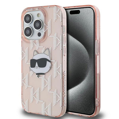 Custodia per Apple iPhone 14 Pro, Karl Lagerfeld, IML Luxury Monogram Choupette's Head, Rosa