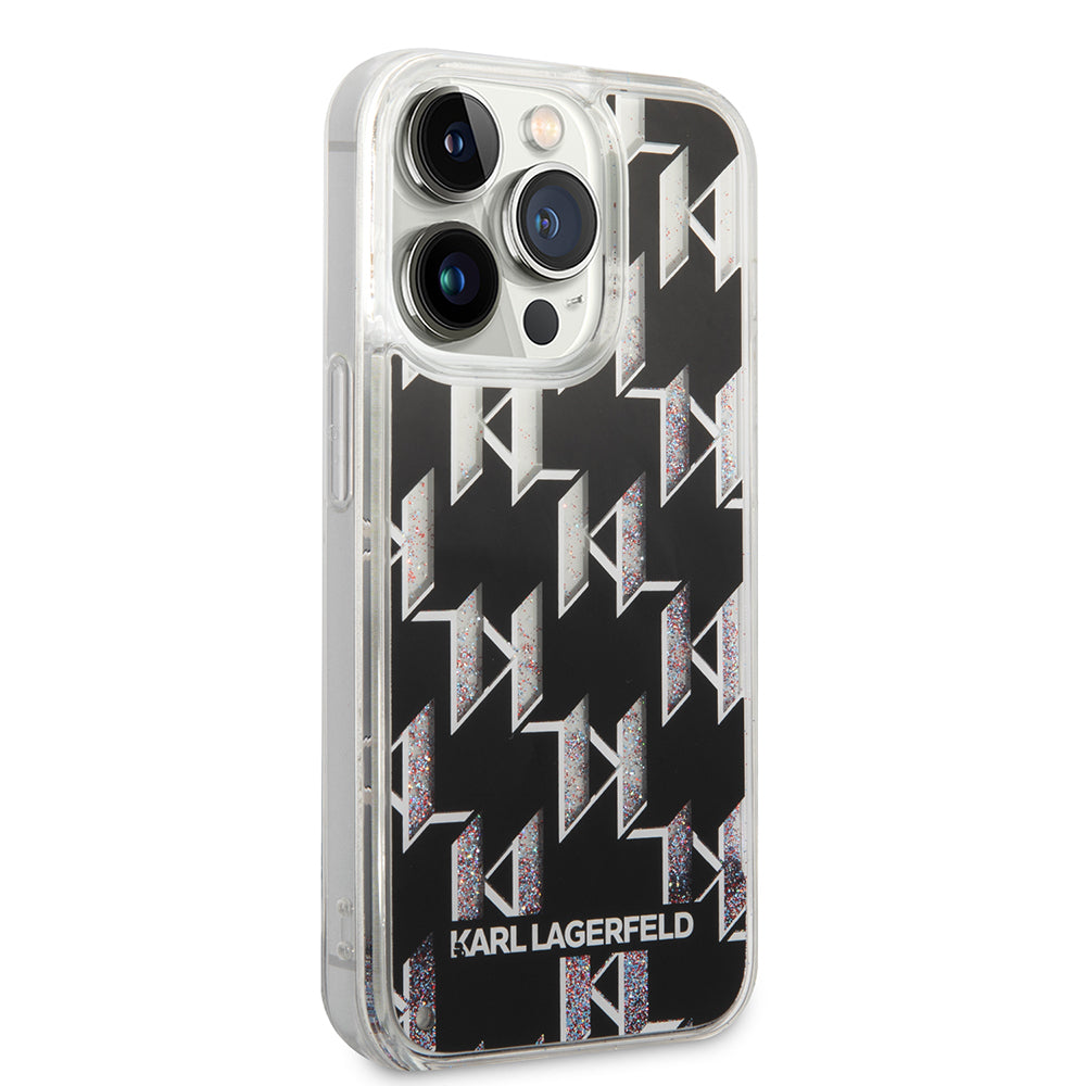 Custodia per Apple iPhone 14 Pro, Karl Lagerfeld, Liquid Glitter Monogram, Nera